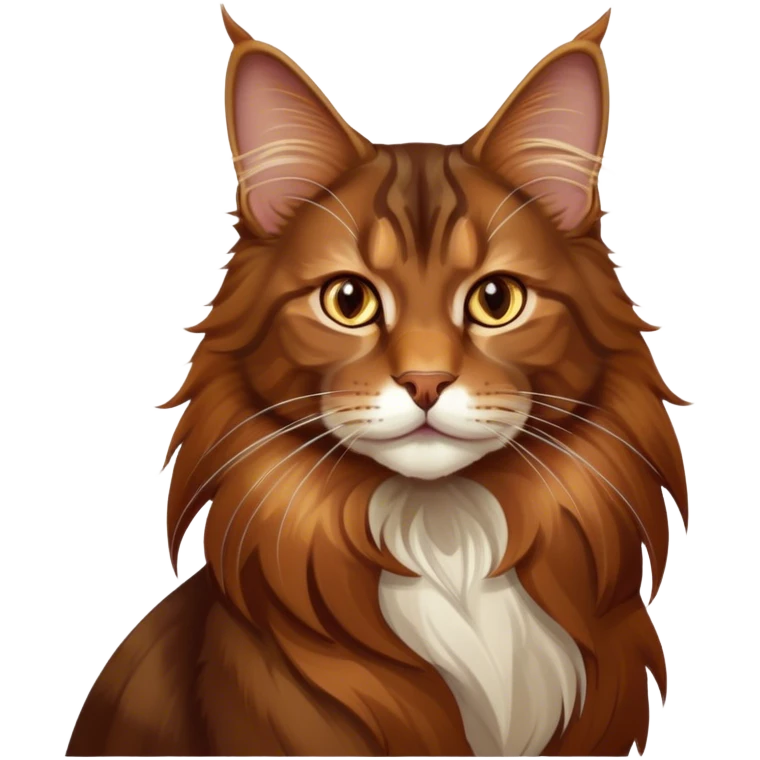 Cinematic Brown Maine Coon Cat Portrait Emoji, Elegant and alert, sleek brown and gold tones with hints of deep auburn, Simplified yet sharp features, highly detailed, glowing with a warm, confident glow, high shine, intelligent and poised with an air of wisdom, stylized with an air of grace, focused and attentive with a calm, old soul expression, soft glowing outline, capturing the essence of experience and majesty, so lifelike it feels as though it could spring into motion at any moment, radiating wisdom and grace. emoji
