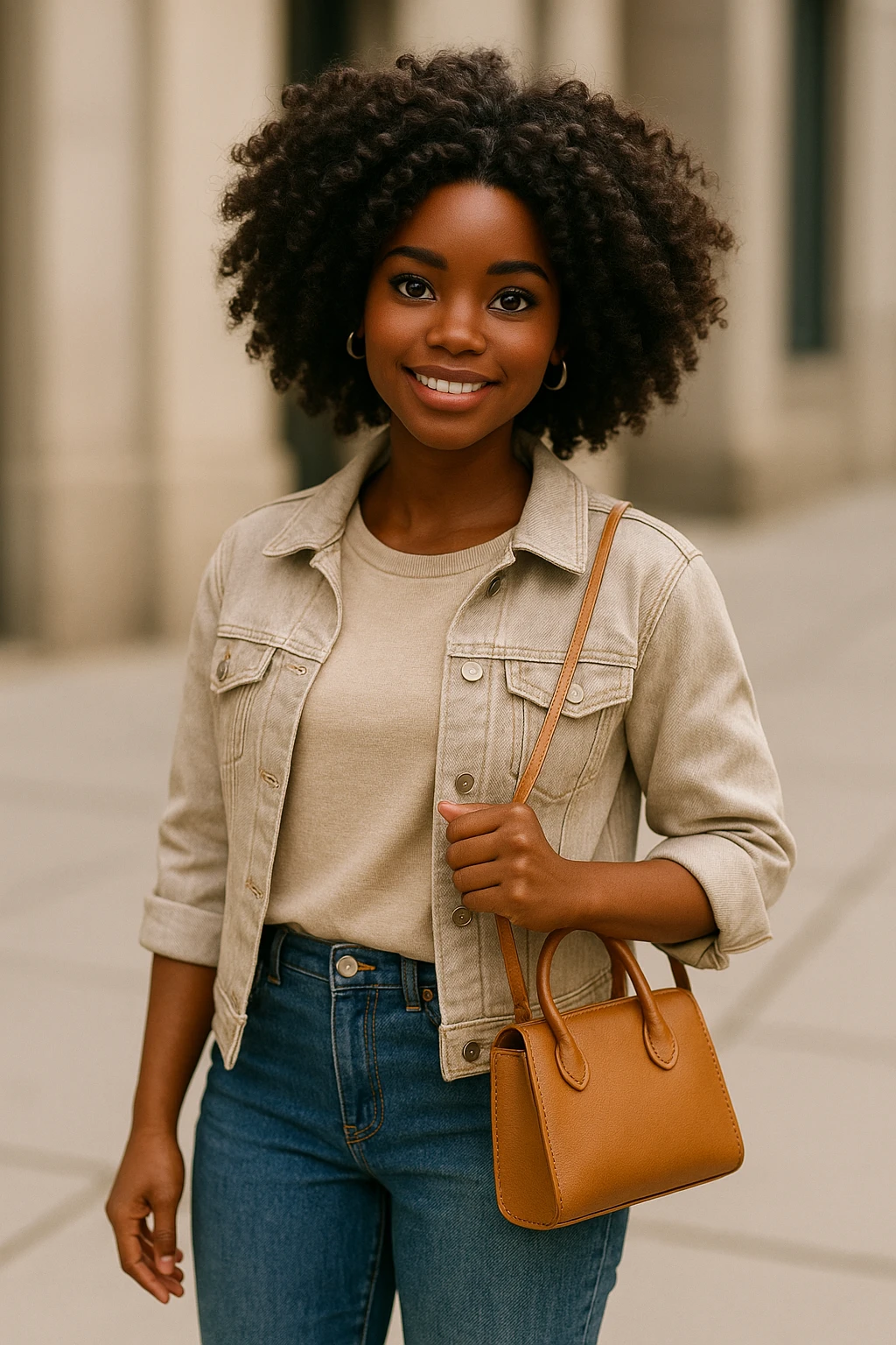 black barbie doll, casual chic, curly hair, friendly expression, holding a purse emoji