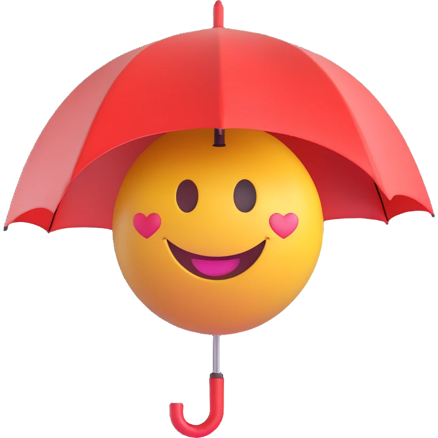 3D smiley emoji, round shape, in love: under heart-patterned umbrella, smiling face, no body emoji