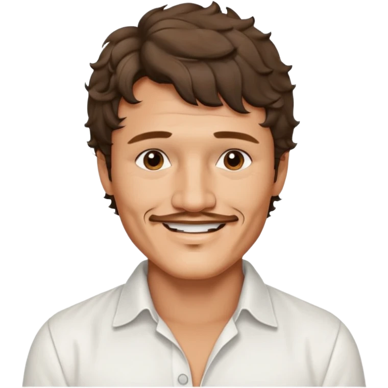 Pedro pascal looking really steamy and sexy smiling in an opened white button down shirt with perfect ringlets short hair  emoji
