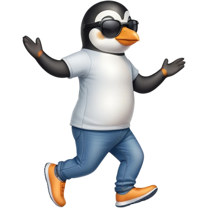 friendly anthropomorphised penguin in jeans and a t-shirt, wearing dark sunglasses, jogging upright, standard pose emoji