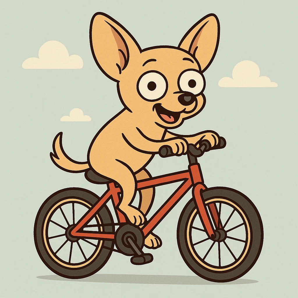 a small chihuahua pedaling a bicycle, cheerful mood emoji