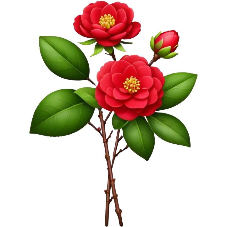 bouquet Red Camellia, luxuriant, stem, leaf, bud emoji