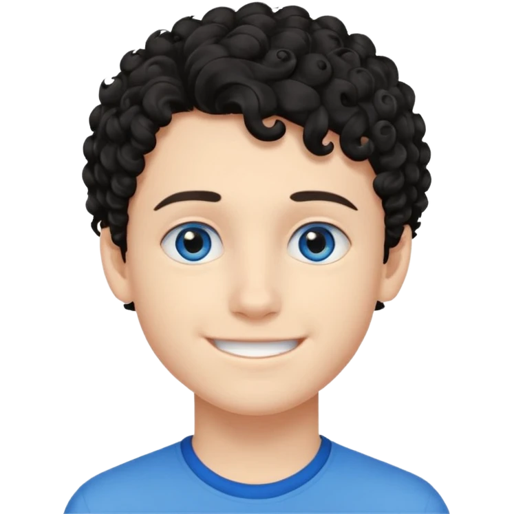 boy, young face like 18 years, blue eyes, medium curly hair black, easy smile emoji