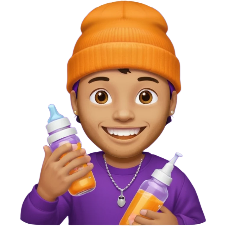 guy with orange beanie with gold teeth grillz holging a baby bottle with purple liquid emoji