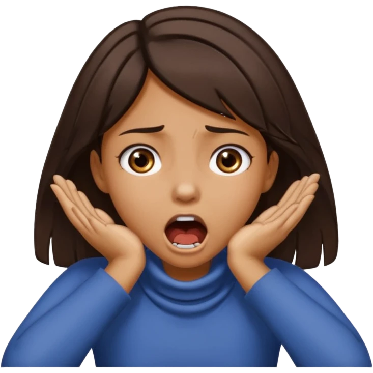 girl with tan skin and dark brown hair with two hands on her neck (overlapping) choking with mouth open and eyes crazy emoji