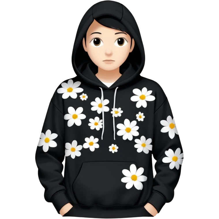 Generate a digital rendering of a standalone black hoodie displayed without a human model. The hoodie should feature scattered, medium-sized black and white flowers. Each flower consists of a bold, thick white ring forming the petals, with a completely hollow center, creating an open, circular look. The flowers should be irregularly shaped, asymmetrical, and evenly distributed across the hoodie, including the sleeves and hood. The design should be minimalistic—no detailed petals, shading, or filled centers, just simple, bold, hollow ring-like floral patterns emoji