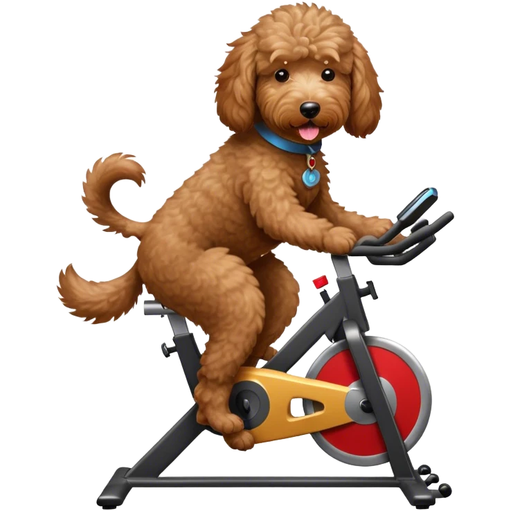 brown goldendoodle riding a spin bike emoji