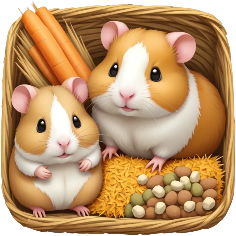 Icon for Hamster and Guinea Pig: A cute, colorful collage with a fluffy hamster and a chubby guinea pig munching on some hay. Soft, playful background with tiny food pellets and a cozy bedding area. Transparent background. emoji
