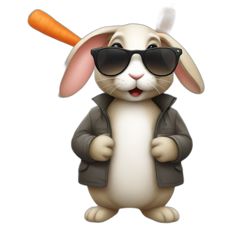 Rabbit with sunglasses and wearing a coat with carrot in his mouth emoji