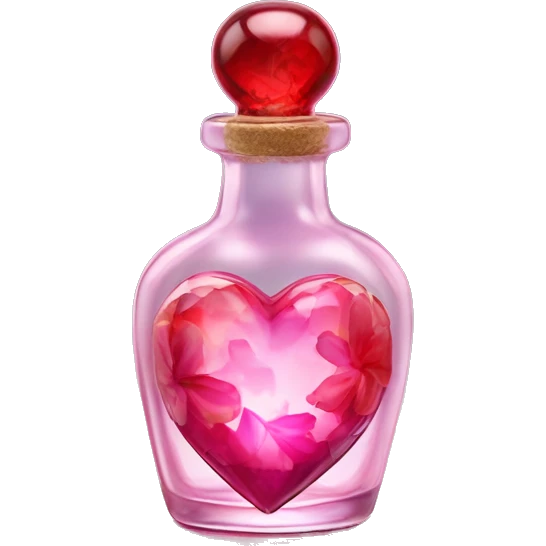 Antique oil heart bottle made of crystal glass of all gentle colors of the red and pink, a living flower fairy sits at the bottom of the bottle emoji