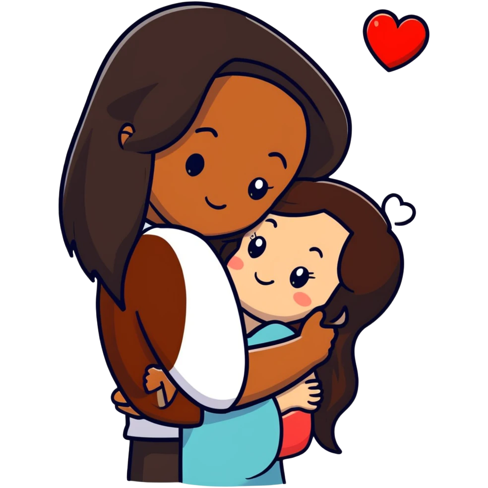 A couple embracing, man with mestizo brown skin and slightly long straight dark brown hair, woman with fair skin and long dark brown hair, with white hearts around them emoji