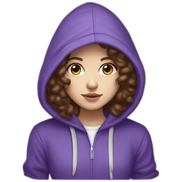 Full length girl with blue eyes and white skin and long curly browny hair with high aristocratic cheekbones in a purple hoodie emoji