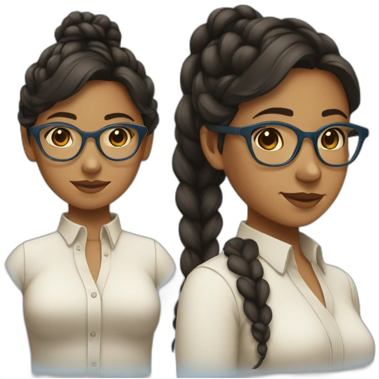A girl with a black braid, brown skin, blue glasses, a white shirt on the inside, and an olive-colored bra on top.  emoji