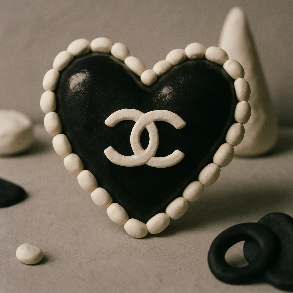 glossy black heart with a string of pearls around it, featuring a silver Chanel logo in the center, elegant, black and white color scheme, claymation style emoji