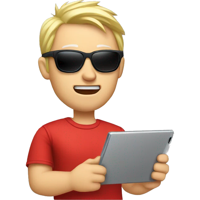 Nerdy middle aged white man with short blond spiky hair looking confused and wearing sunglasses and a red tee shirt holding an electronic tablet emoji