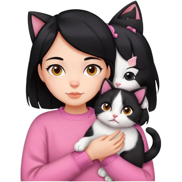 girl with black hair holding a tri-colored cat (black, orange, white) wearing a pink sweater emoji