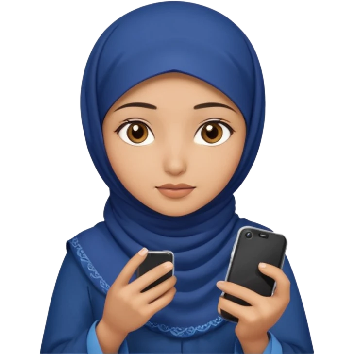 Turkish beautiful finish Konya girl brown eyes with indigo hijab islamic dress and had on her hand phone does photo emoji