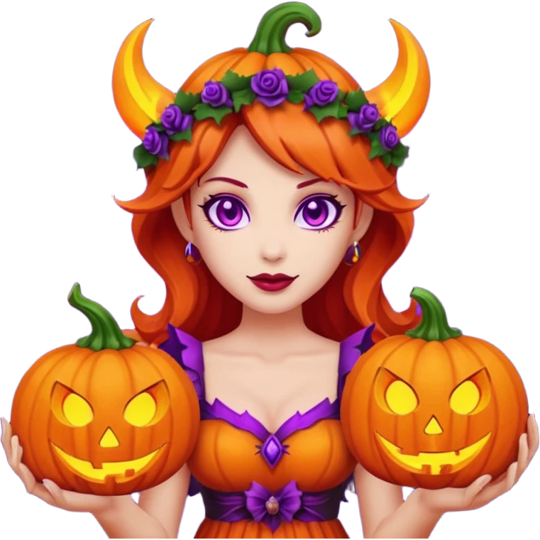 female-succubus-emoji,-red-skin,-purple-eyes,-elegant-face,-pumpkin-wreath-on-head,-with,-holding-small-glowing-pumpkin-lantern,-halloween-fantasy emoji