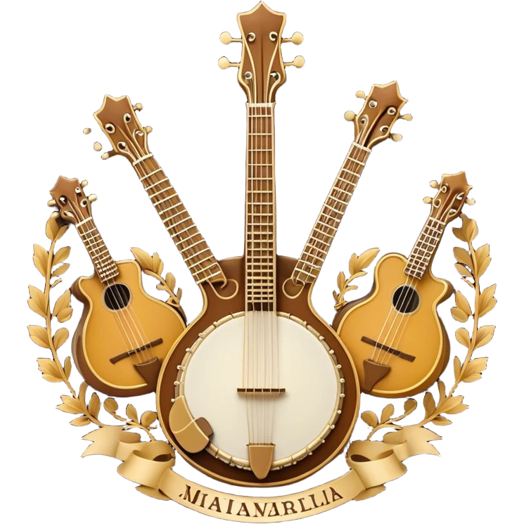 Design a complex, festive, and professional emblem-like emoji representing plucked string instruments. The composition should resemble a heraldic crest, featuring iconic instruments like a banjo, mandolin, domra, and sitar, artistically arranged in a balanced and symmetrical layout. The necks of the instruments should extend upward, intertwining with a flowing ribbon of musical notes, which weaves elegantly around the strings and headstocks. The design should incorporate intricate details, such as carved patterns on the instruments and decorative fretboards, while maintaining clarity and recognizability. Use a rich and celebratory color palette with gold, deep brown, and vibrant accents, adding subtle highlights and shadows for a polished, three-dimensional look. Include ornate elements like laurels, swirls, or subtle engraving to enhance the emblematic feel. The background should be transparent to highlight the composition as a standalone emblem. emoji
