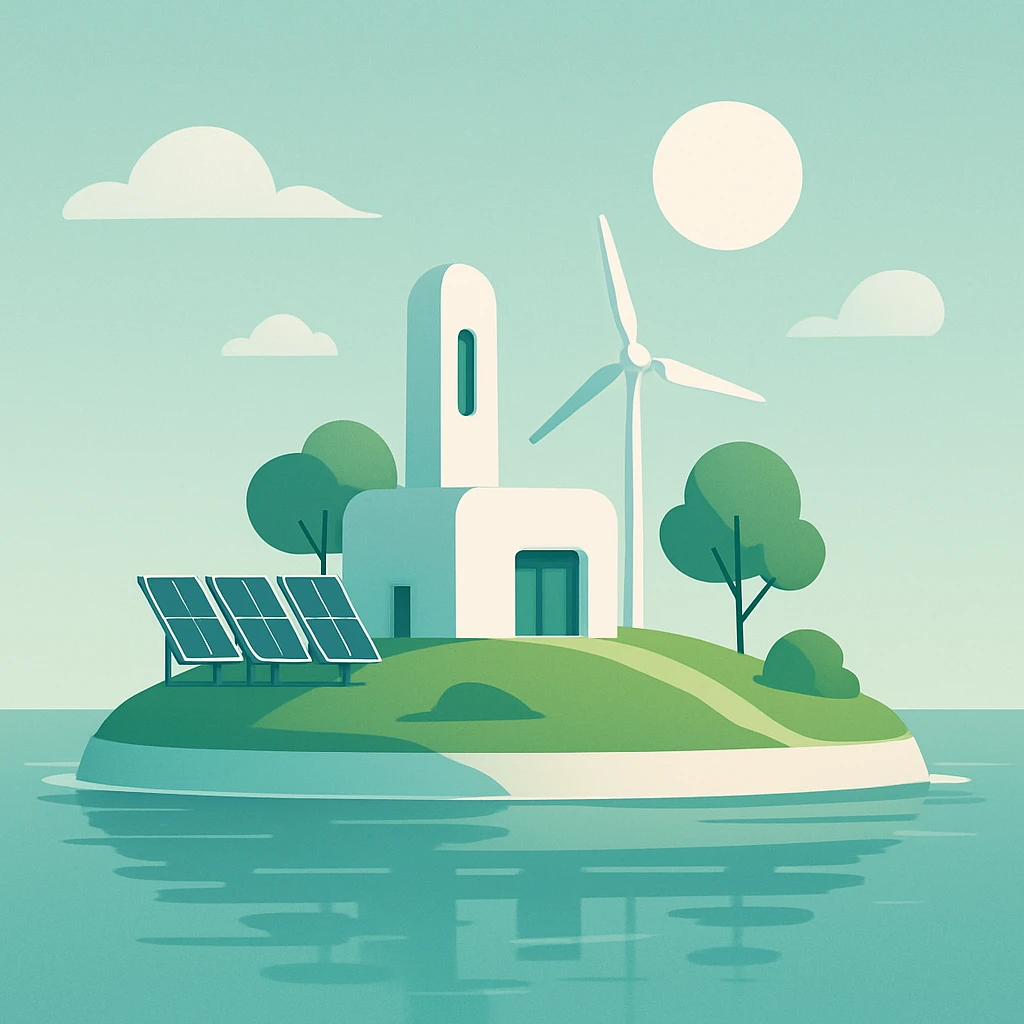 a very small remote island in a scifi solarpunk world, minimalist design, simple shapes, clean lines, a few solar panels, surrounded by water, serene and modern emoji