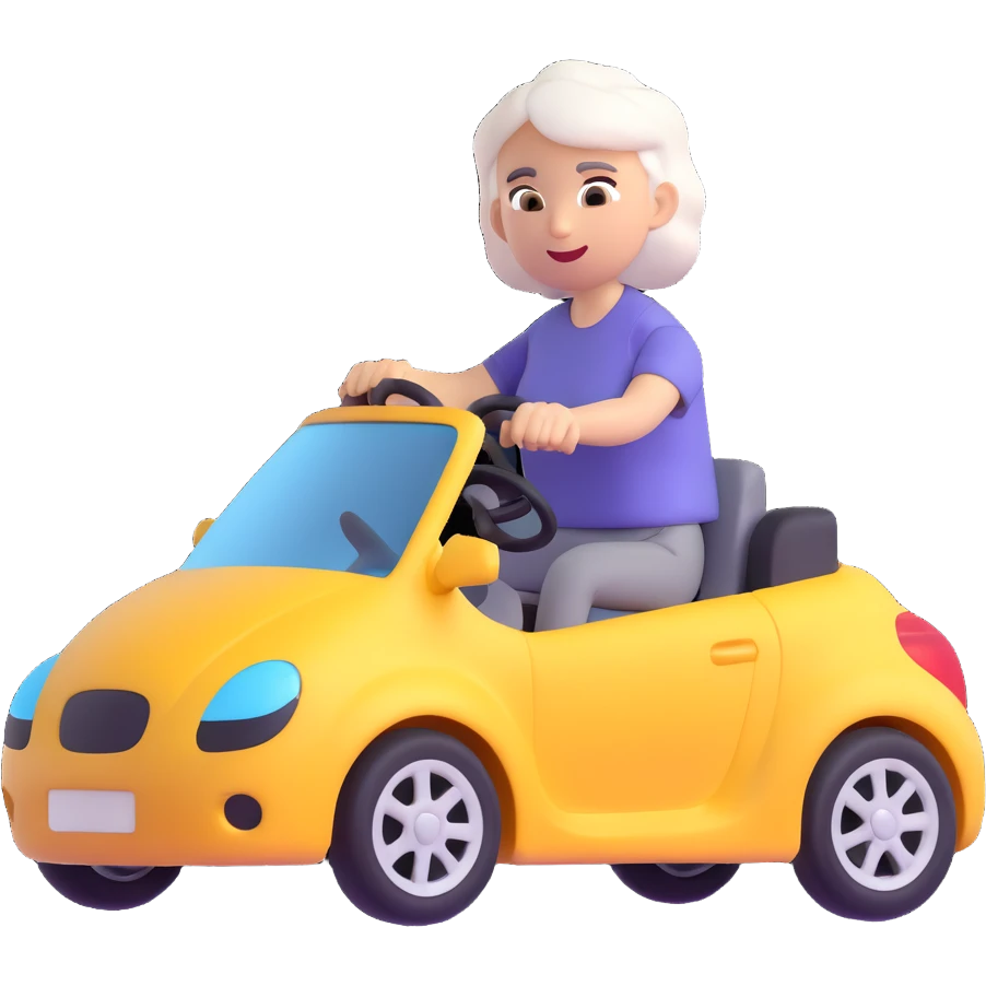 Make the entire image 30% more realistic, including the mother with white hair and the car, keep fast and furious vibe, dynamic motion effects, sporty 3D emoji style, no background. emoji
