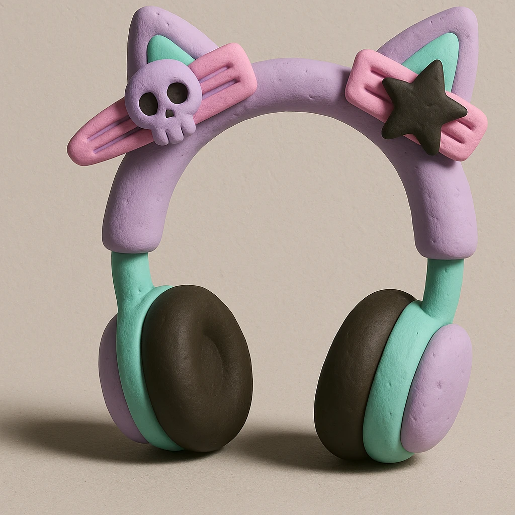 Add cute pastel goth hair clips to the cat ear headphones, keep the style and background as is. Maintain the original look and feel of the image. emoji