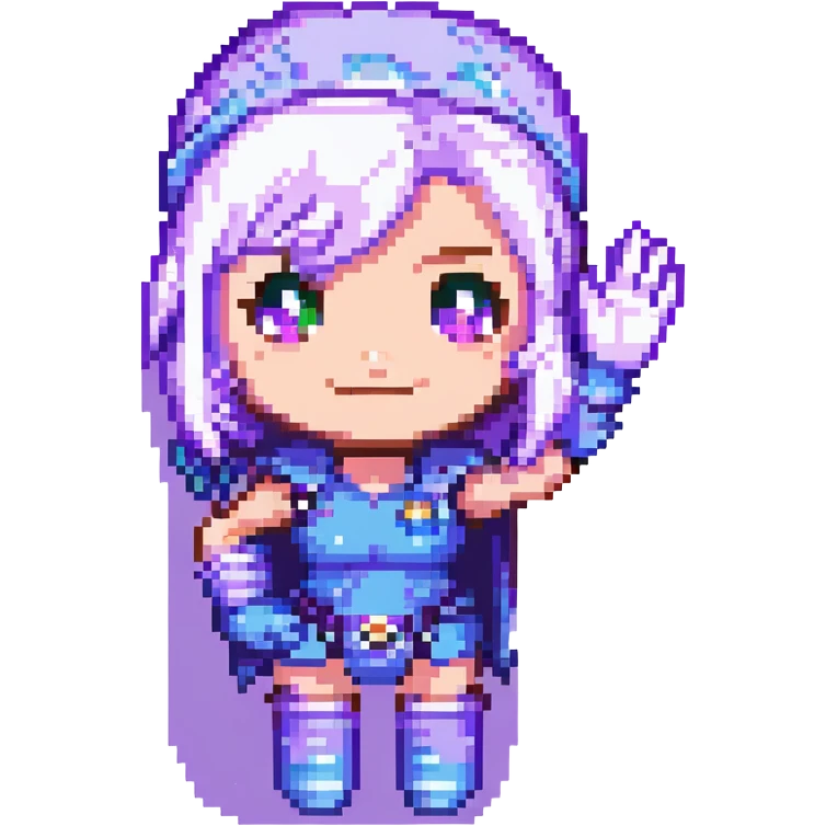 chibi style Gwen from League of Legends, only head, right eye purple, one hand waving with glove, smiling and energetic, pixel art style emoji