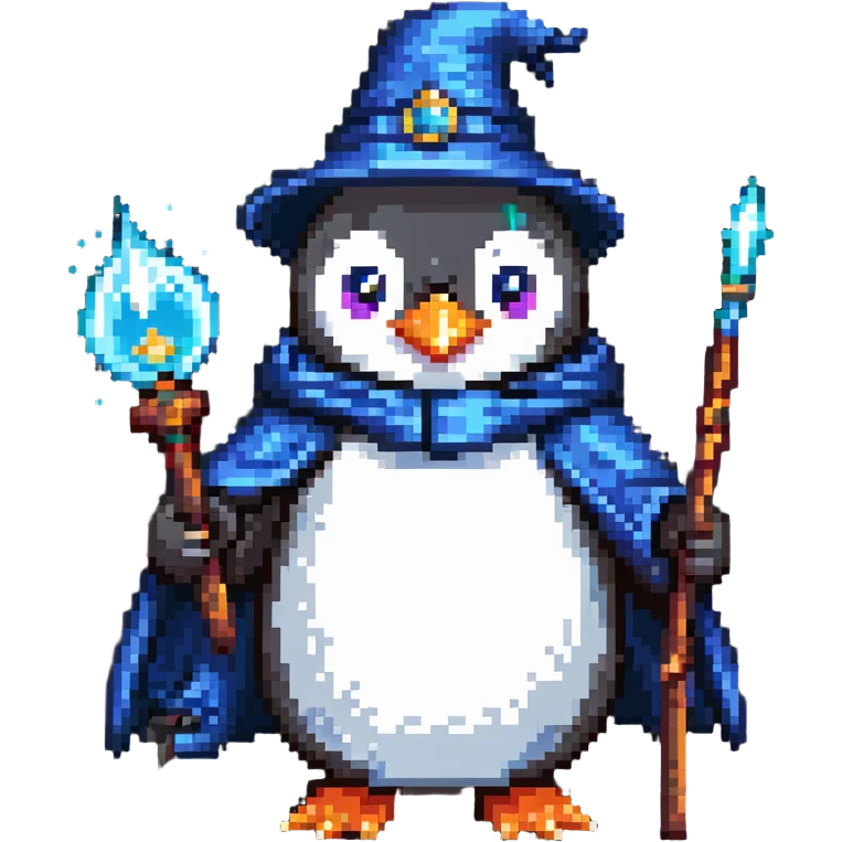 penguin wizard with magic staff and robe emoji