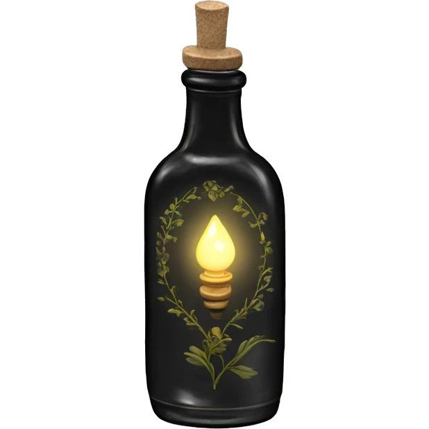 Black magic fairy light sparkling old Antique bottle with poison and with herbal and flowers emoji