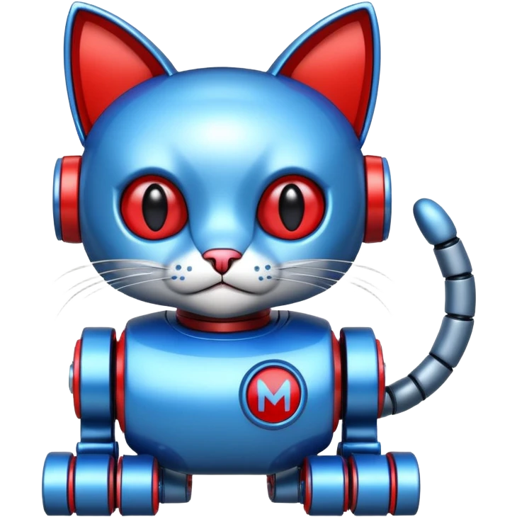generate robot cat, glossy, realstic, red and blue color, write on text "LMX" emoji