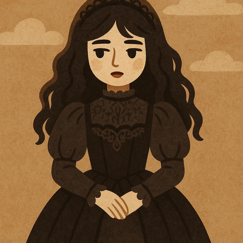 gothic girl, dark Victorian dress, pale skin, black lace, moody atmosphere, stylized cartoon style emoji