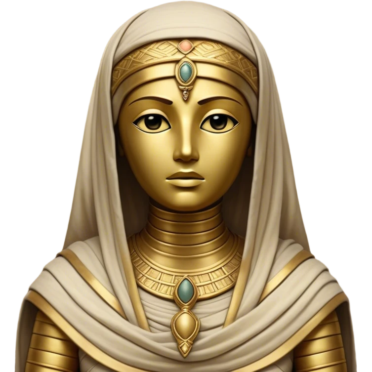 Cinematic Noble Mummy Portrait Emoji, Regal and timeless, with a meticulously wrapped, ancient form in muted earth tones accented by faded gold, exuding an air of forgotten majesty and solemn duty, simplified yet elegant with intricate bandage details, highly detailed and softly glowing, evoking the dignified mystery of an eternal sentinel guarding long-lost secrets! emoji