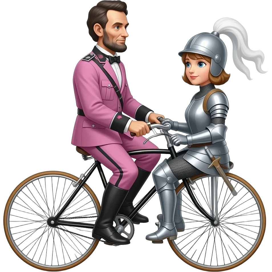 cinematic realistic - Abraham Lincoln in a pink German World War II uniform transports Joan of Arc on a vélocipède emoji