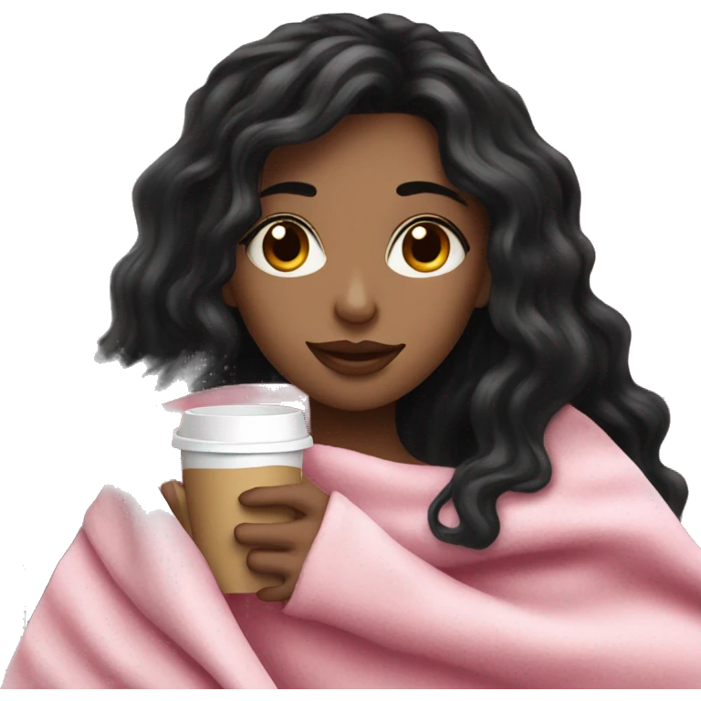 white black hair pretty girl in a pink blanket sipping coffee emoji
