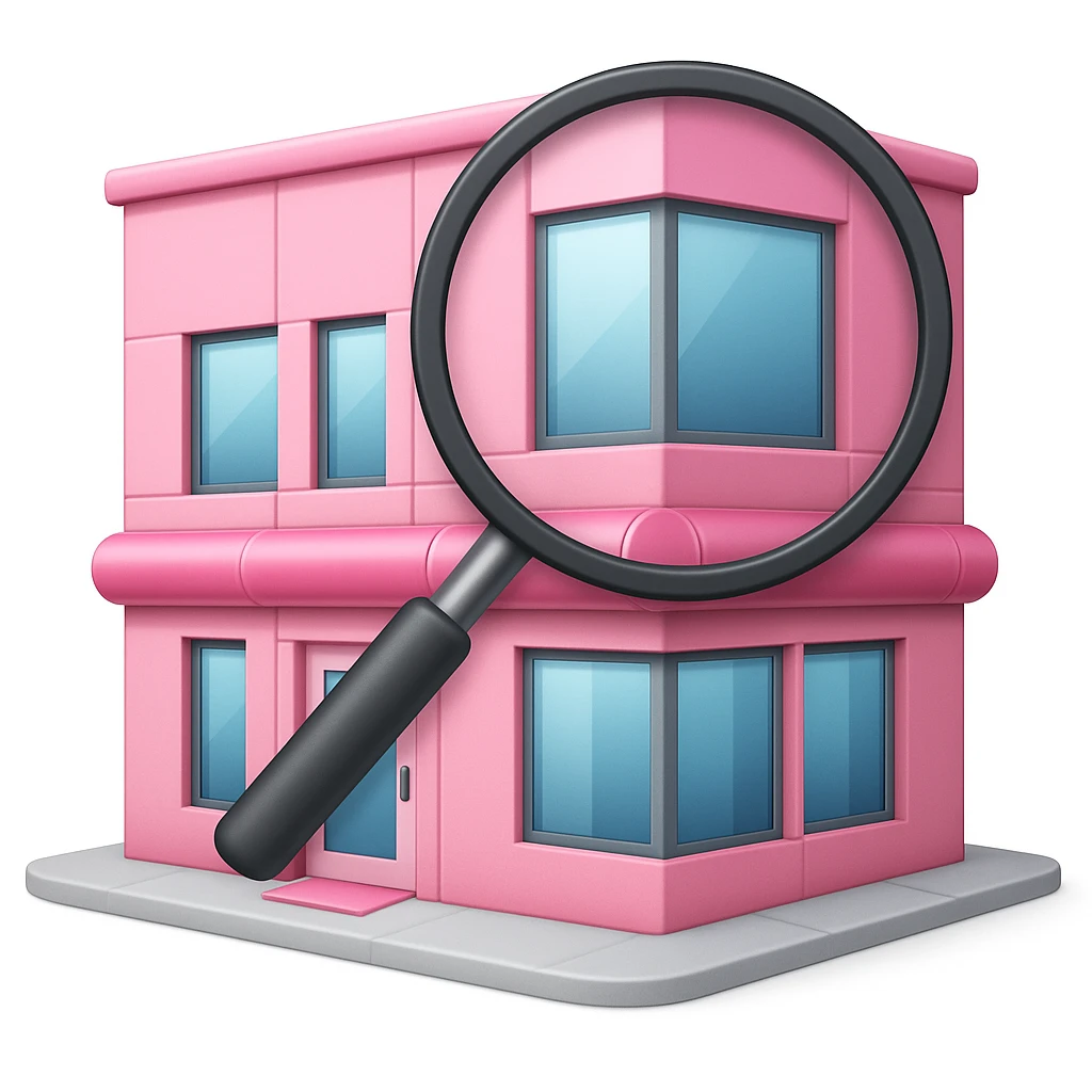 Make it apple style emojis: Add a magnifying glass over the partly pink, very stylish beauty salon building emoji