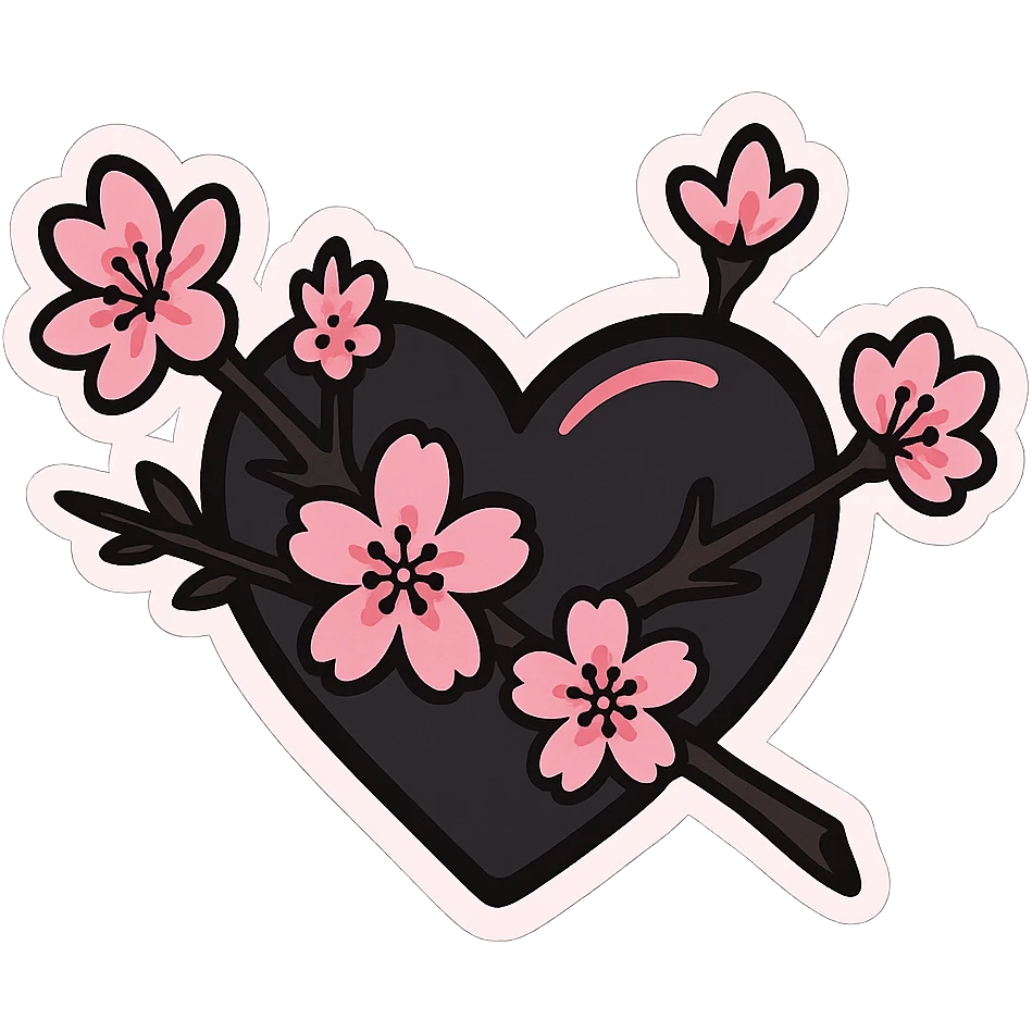 goth sakura heart, heart pierced by sakura branch, black and pink, expressive and fun emoji