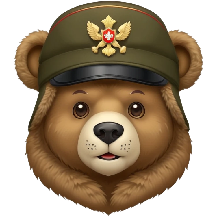 Cartoon Russian bear head wearing military style ushanka hat with Russian emblem, iOS emoji style emoji