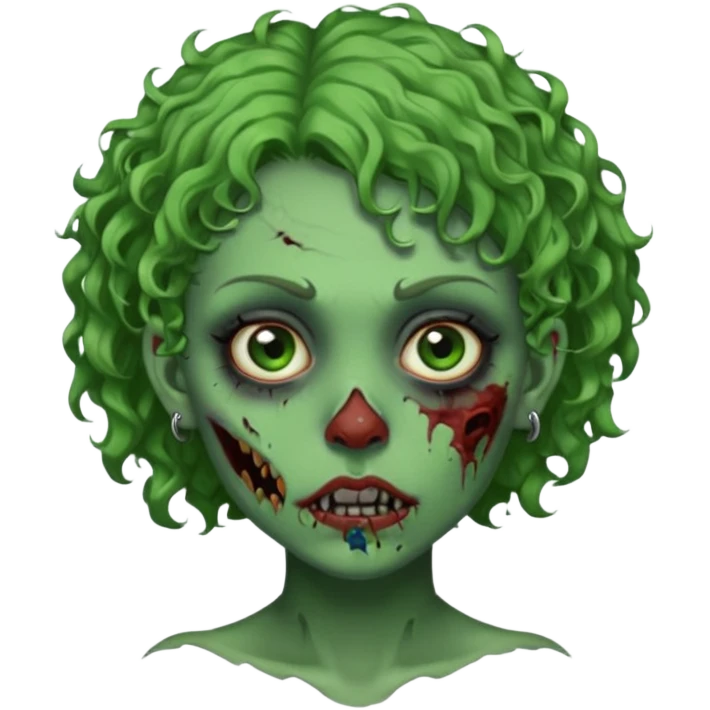 faça uma cabeça verde de zumbi femenina, com im cabelo curtinho cacheado, piercing no nariz, e brincos na orelha e várias cicatrizes, deixe ela macabra emoji