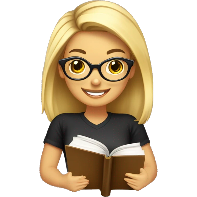 chica profesora joven rubia pelo largo y liso, sonriendo con libros en una mano, con gafas pequeñas color marrón redondas, vestida con camiseta color negro y con pendientes de aros grandes color dorado  emoji