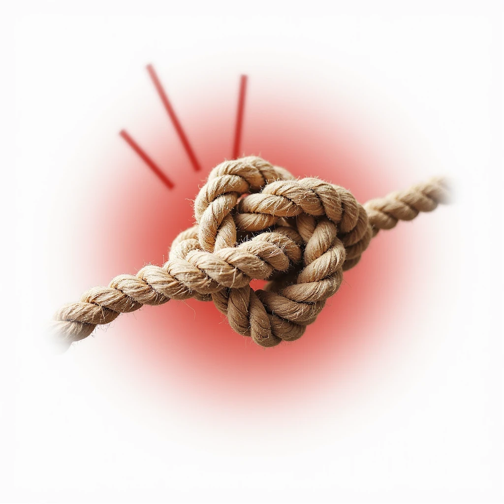 stylized rope knot isolated on white background with a red halo or graphic marks indicating pain, simple but clear details, light shadow emoji