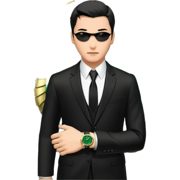 mysterious scenery: green audemars piguet watch (without text), black bugatti, and a dark green dragon, and a mysterious agent from The Matrix with his eyes censored emoji