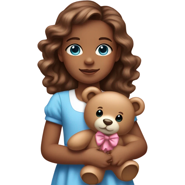Little Girl with fair (brown) skin, blue eyes. Long brown wavy loose hair and a pink bow in it. She is wearing a pink and White dress, standing and holding on to a teddybear. emoji