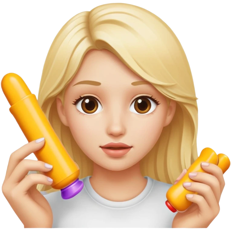 Blonde girl holds two cocks, that are cumming on her face emoji