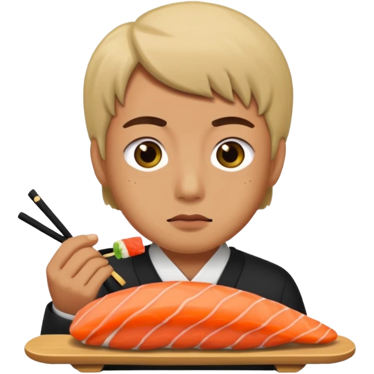 Man with small eyes eating sushi emoji