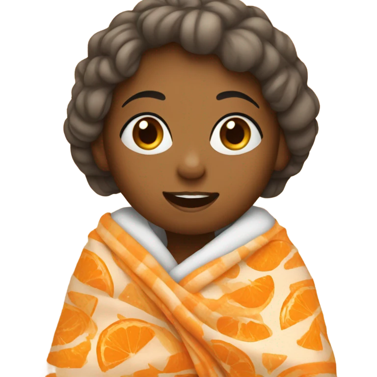 A girl, with black hair and white skin, wrapped with a blanket, eating tangerine emoji
