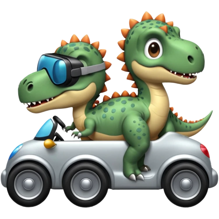 Tres dinosaurios bebés grises cada uno subido en un carro tecnológico blanco con lentes de realidad virtual emoji