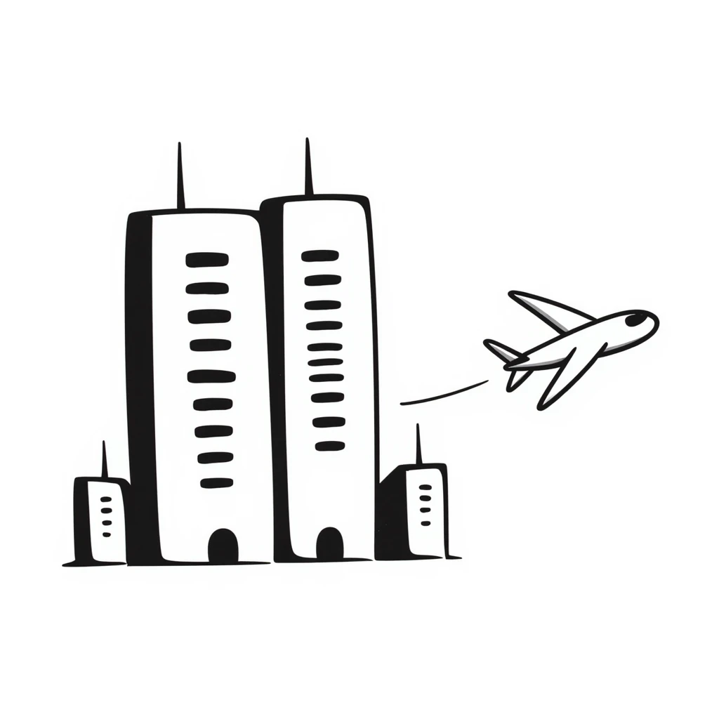two skyscrapers and a plane flying towards them emoji