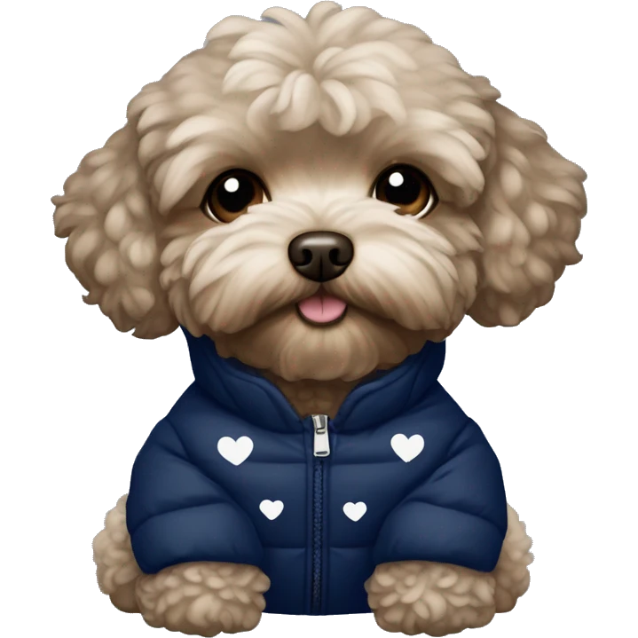 Dark brown maltipoo wearing navy blue puffer jacket with tiny white hearts pattern emoji