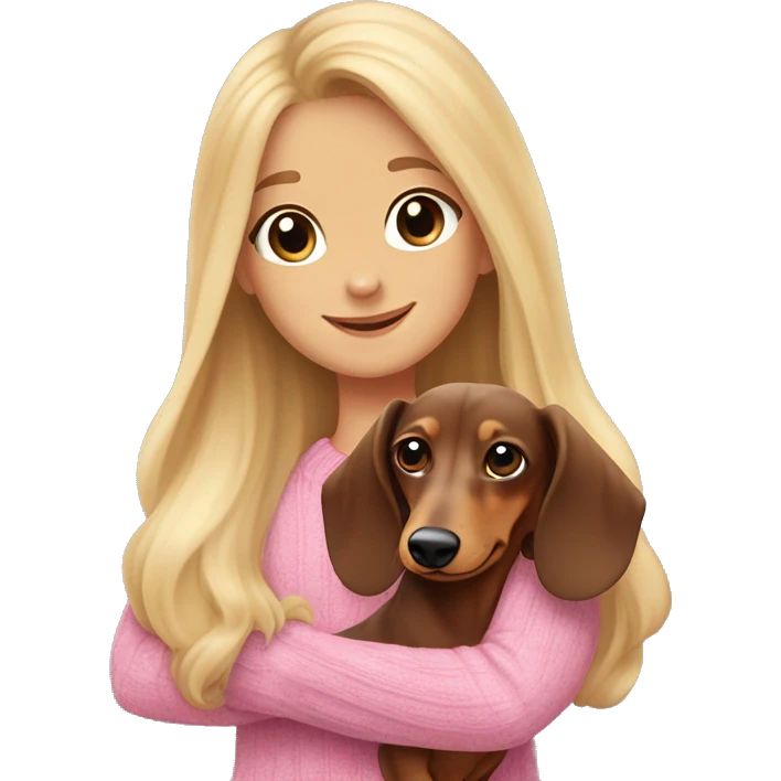 a cheerful long-haired brown marble dachshund in full height on the side in the arms of a blonde girl with blue eyes in a pink sweater emoji